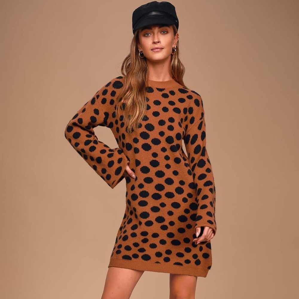Lulu's Aspire to Inspire Rust Brown Polka Dot Sweater Dress,  Size S